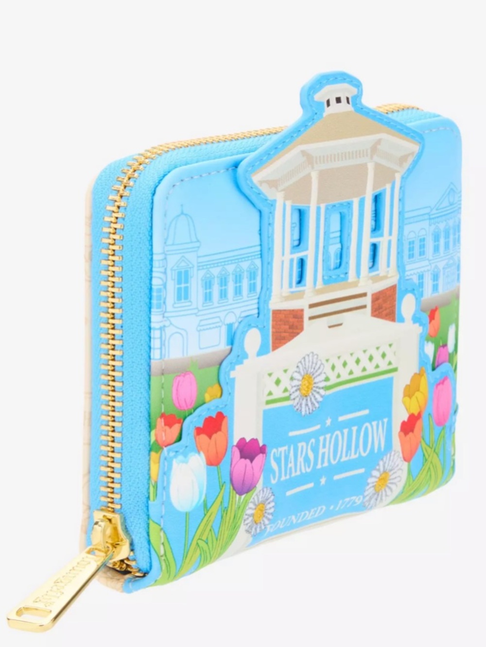 NWT Loungefly Stars Hollow Gazebo tulips & daisies Blue Floral Zip Wallet - Picture 2 of 4